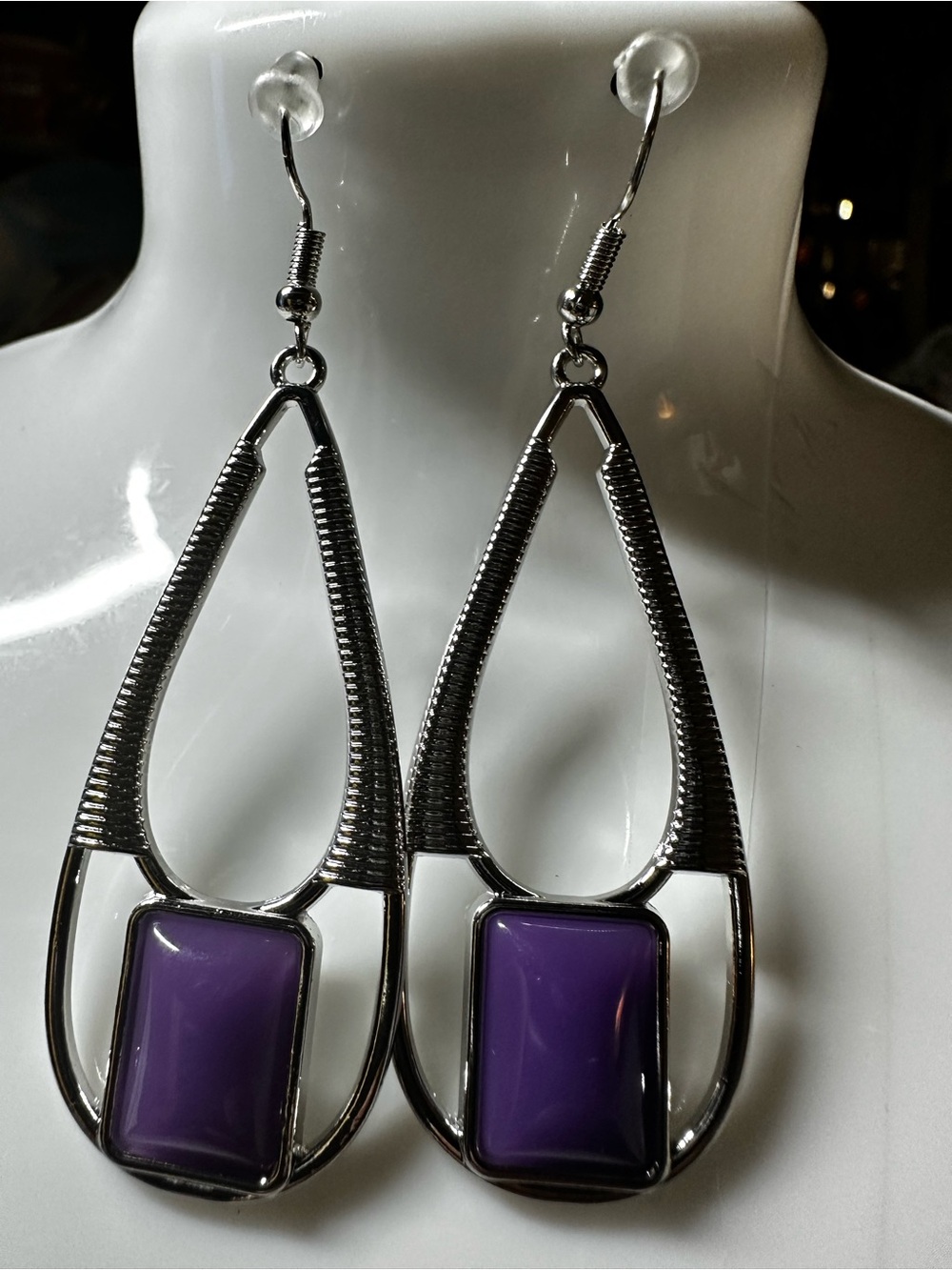 Purple Teardrop Dangle Earrings - Silver Tone